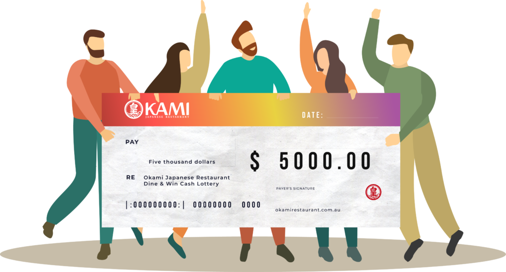 Group of people holding Okami winning cheque